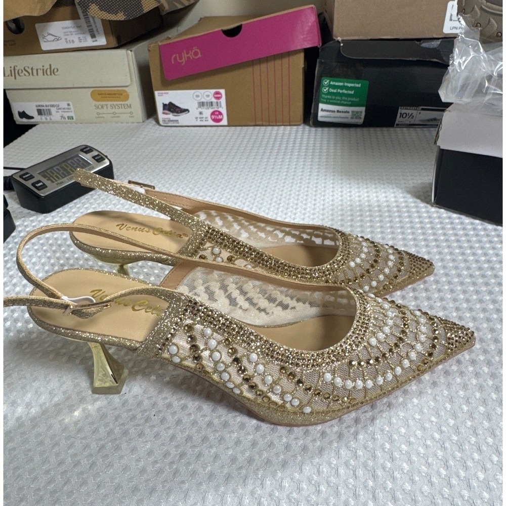 Venus Celia Slingback Pumps Womens 9 Gold Rhinestone Pearl Kitten Heel NWOB